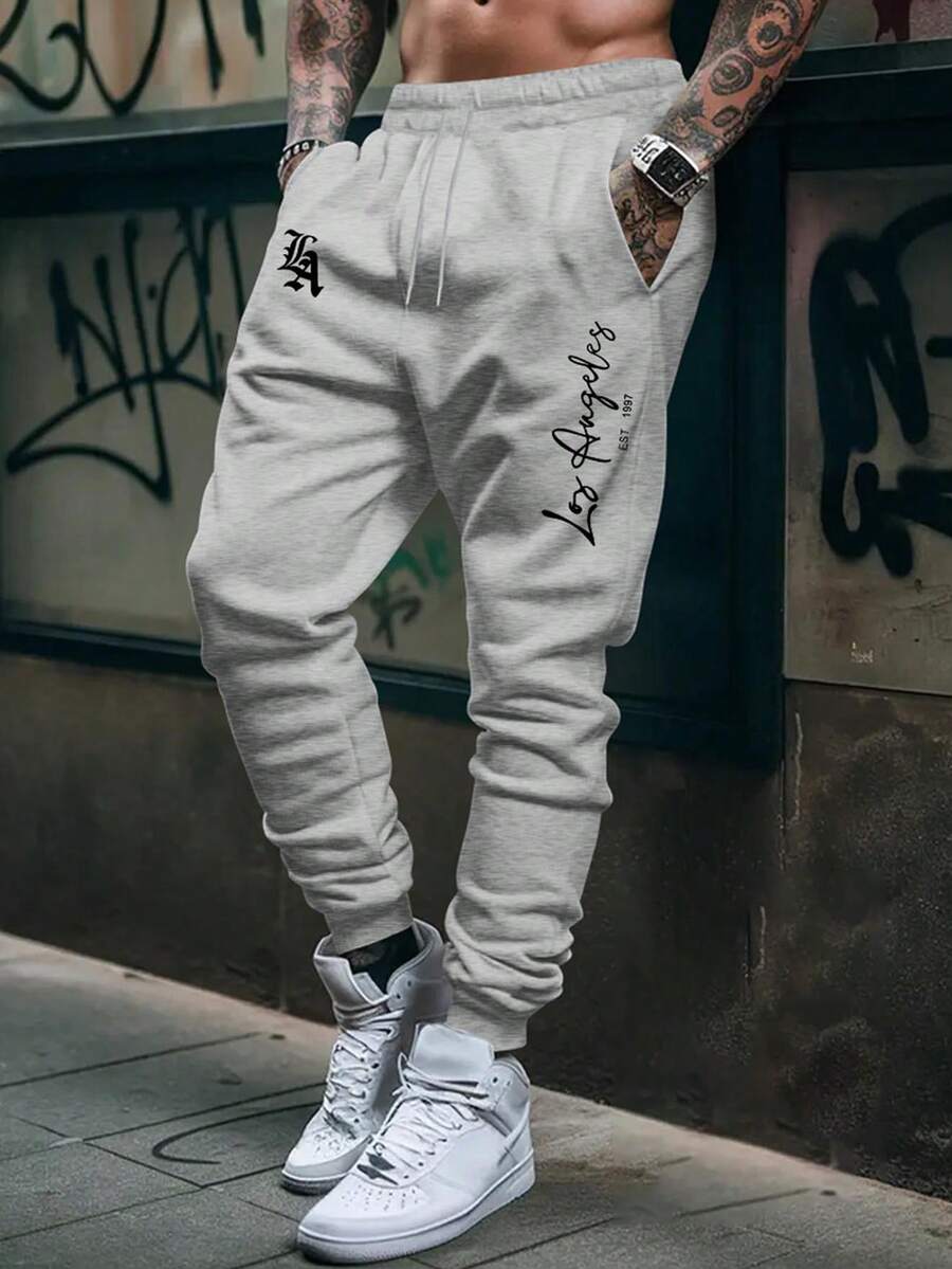 Los Angeles LA Men's Casual Sweatpants With Pocket, Flannel, Regular Fit, And Drawstring - 淺灰色 - 查看 1