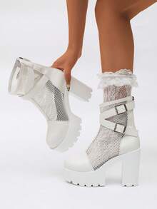 [Phong cách cô gái ngọt ngào & cá tính] Giày bốt cổ ngắn đế xuồng lưới trắng, sandal đế xuồng dày có khóa đôi chống thấm nước, giày cao gót lưới thoáng khí mùa hè, bốt cổ ngắn ôm dáng có khóa kéo phía sau, bốt nữ đa năng phong cách punk cá tính - trắng - Xem 2