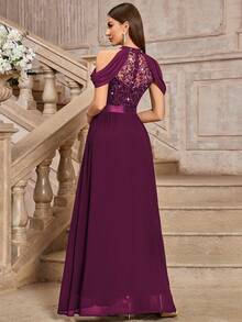 MIUSOL Elegante abito da sera con spalle scoperte, decorato con fiori in pizzo e paillettes, vestito da cerimonia adatto per invitati a matrimoni, cerimonie di laurea, cene formali estive - colore granata - Visualizzare 3