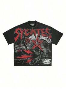 Grunge Revival Essential - Contrast Red/White Graphics With Edgy GAGADO Detail |       100% CottonComfortable Pullover SweatshirtNew Casual T-Shirts - 黑色 - 查看 3