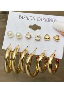 12件装极简主义亚克力合金仿珍珠耳环（女士款） - 金黃色 - 查看 1