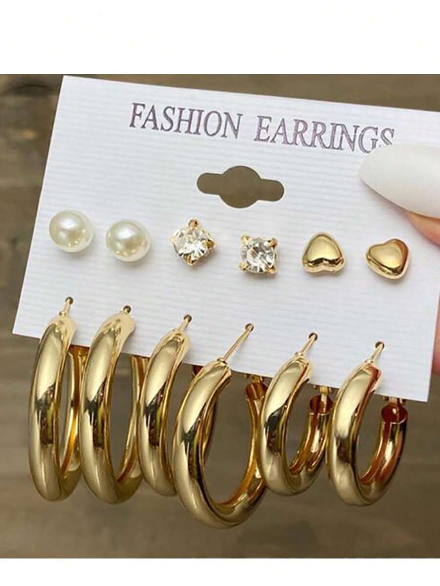 12件装极简主义亚克力合金仿珍珠耳环（女士款） - 金黃色 - 查看 1