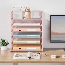 6 Tier Office File Paper Desk Tray Organizer With Handle, Stackable Slide Mesh Letter Tray Folder Pink Desk Organizer, Desktop Document Sorter For Classroom, Office, Home Supplies Storage - Pink - View 8