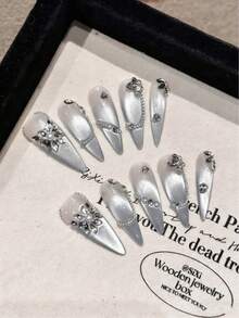 10片高品质DIY手工假指甲，尖头长指甲，银色渐变法式极光猫眼美甲贴纸，按压式美甲套装，小众设计时尚美甲饰品水钻，适合节日、派对、婚礼和日常佩戴 - 彩色 - 查看 9