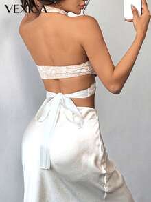 Vexica Women's Sexy Elegant Halter Lace Bustier Top, Backless Tie Up Crop Camisole For Wedding Guest, Eid Party & Night Out Daily Wear - White - View 7