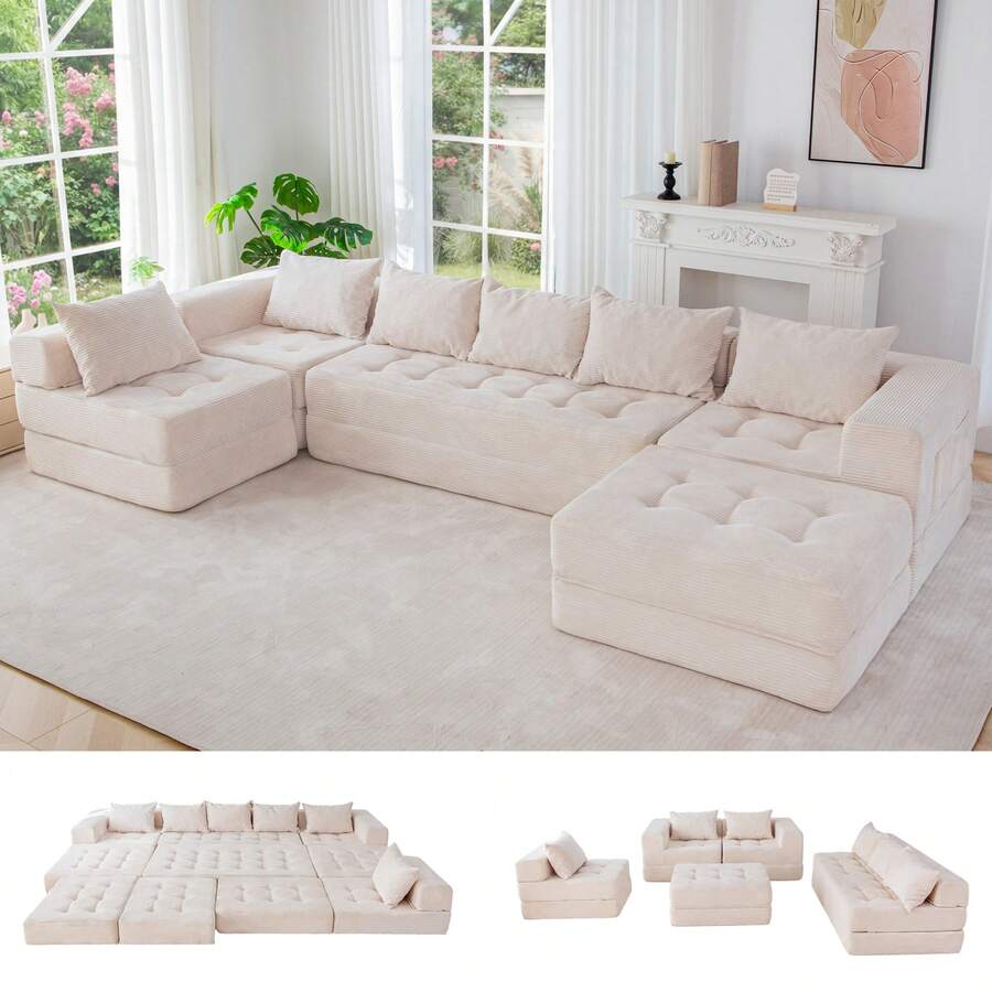 MAXYOYO Modular Sectional Sofa Couch,Foldable Sofa Bed With Ottoman,Convertible Cloud Couch Corded Tufted Floor Sofa Lounger With Pillows For Living Room No Assembly - 米色 - 查看 1