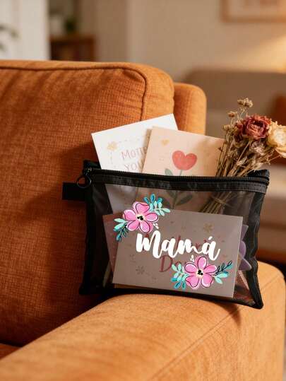 1 pieza Bolsa de malla con diseño floral y texto "Mamá", bolsa de maquillaje para mamá, regalo para la madre, bolsa de cosméticos de gran capacidad para mujer, bolsa de viaje, bolsa de almacenamiento plegable y portátil, adecuada para almacenamiento de cosméticos personales de viaje, bolsa de lavado, bolsa de regalo de cumpleaños, organizador de maquillaje, bolsa de aseo, bolsa de maquillaje, bolsa de viaje, artículos esenciales de vacaciones, regalo para mujeres