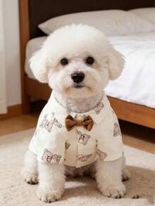 1pc Pet Dog Clothes With Cute Bear Print Pattern, Stylish Bow Tie Shirt, Suitable For Small Dogs, Wearable All Seasons - Beige - View 2