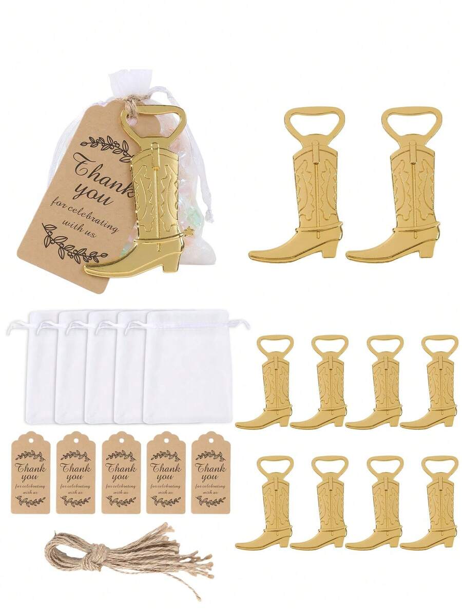 10件套可爱金色靴子造型开瓶器，配薄纱袋，婴儿派对回礼；靴子造型金属钥匙扣开瓶器，配薄纱袋和感谢卡；婴儿派对家居装饰礼品；糖果袋婴儿派对用品；性别揭晓派对回礼；派对纪念品装饰；婴儿派对礼物；性别揭晓派对回礼；婴儿派对装饰；婴儿派对用品