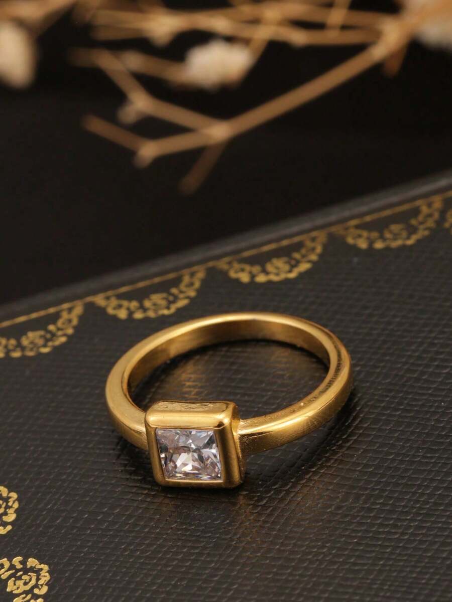 1 chiếc nhẫn vuông bằng thép không gỉ mạ vàng 18K đính đá Zirconia, thời trang, đa năng, cá tính và ngọt ngào, phù hợp cho nữ giới đeo hàng ngày, dự tiệc, làm quà tặng cho bạn gái, bạn bè, các dịp xã hội. - Vàng - Xem 1