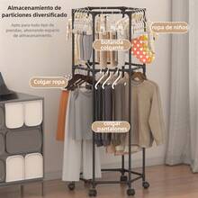Perchero de Pie Hexagonal Giro, Perchero para Dormitorio, Cuerda de Secar Ropa Interior, Organizador Móvil de Ropa y Sombreros, Doble Capa y Desmontable - negro - Ver 7