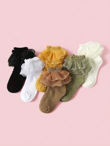6 Pairs Baby Girls' Solid Color Double-Layer Lace Trim Socks, Breathable Mesh Short Socks/School Socks, Suitable For Daily Life, Pairing With Dresses, Valentine's Day, Wedding Season - Multicolor - View 9