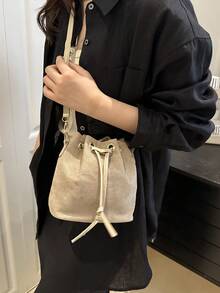 Women's Drawstring Mini Bucket Bag, Quilted Casual Outdoor Shoulder Bag - Khaki - View 9
