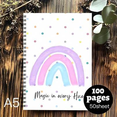 1本彩虹图案螺旋笔记本，空白办公计划本，适合作为礼物送给男士、女士、朋友和家人 - 手绘柔和彩虹和彩色波点图案封面