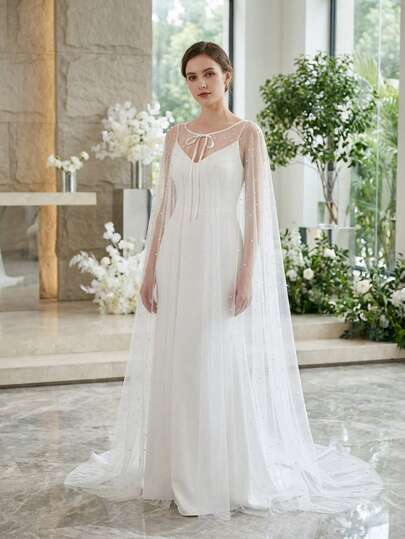 1pc 2m Long Women's Shawl With Pearl Decor Tie-Up, Versatile Accessory For Wedding Dress, Formal Events, Parties