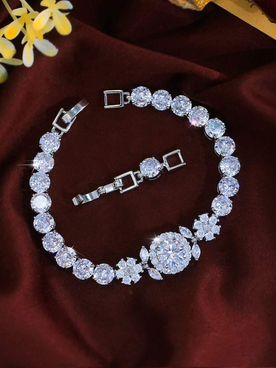 1pc Gorgeous 6mm Cubic Zirconia Silver Plated Flower Shaped Round Tennis Bracelet For Women, Engagement Party Wedding Jewelry