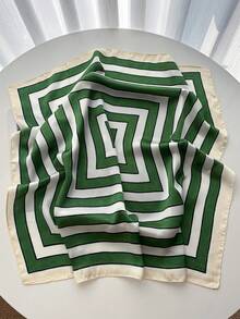 1条70*70厘米方形真丝围巾，女士缎面印花头巾，颈巾，发带，时尚女士披肩，围巾 - 綠色 - 查看 3