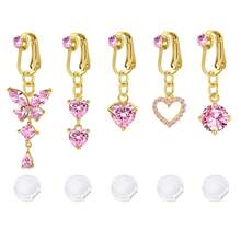 5件装蝴蝶心形爱心立方氧化锆假肚脐环，女士假肚脐环，夹式肚脐环，假肚脐环，无需穿孔饰品，附赠5个硅胶垫 - 彩色 - 查看 5