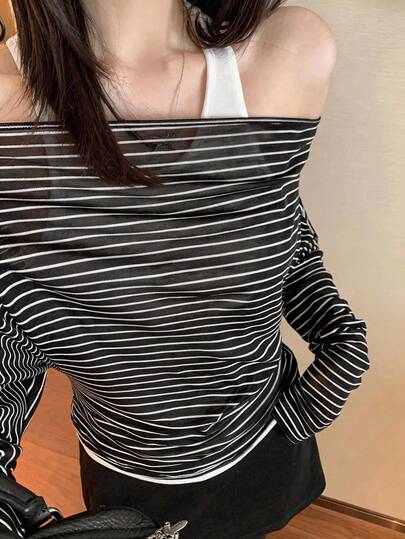 新款条纹纯色露背两用T恤，休闲黑色