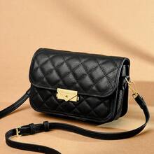 Bolso de cuero para mujer, modelo nuevo 2025, bolso bandolera, bolso cuadrado pequeño con patrón de diamantes, popular bolso de cuero genuino para mujer. - Negro - Ver 1