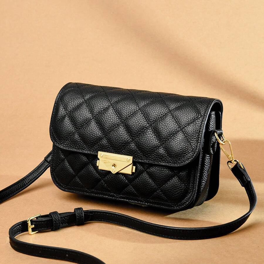 Bolso de cuero para mujer, modelo nuevo 2025, bolso bandolera, bolso cuadrado pequeño con patrón de diamantes, popular bolso de cuero genuino para mujer. - Negro - Ver 1