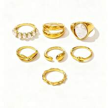 珍珠戒指套装，小众复古奢华多层几何弧形戒指首饰 - 彩色 - 查看 6