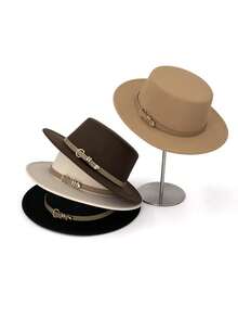 1 pieza Sombrero plano de fieltro de lana de ala ancha de unicolor retro, sombrero de fieltro con decoración de hebilla de estilo vintage británico, adecuado para fiestas temáticas occidentales, reuniones, fiestas de compromiso, cosplay, ceremonias de graduación, bailes de máscaras, festivales, celebraciones de cumpleaños, festivales de música, uso diario, verano, playa, vacaciones, viajes - multicolor - Ver 10