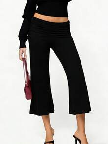 Pantalones capri de mujer con cintura plegable, de unicolor, de tiro bajo y pierna ancha - Negro - Ver 1