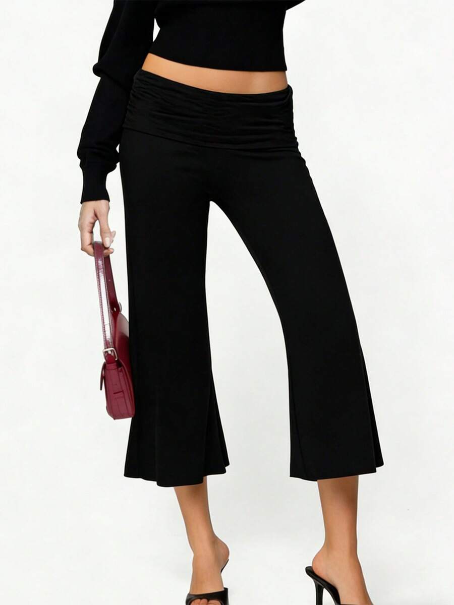 Pantalones capri de mujer con cintura plegable, de unicolor, de tiro bajo y pierna ancha - Negro - Ver 1