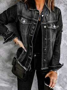 Women's Casual Street Style Distressed Flap Pocket Washed Denim Jacket, Autumn Spring - Dark Grey - View 2