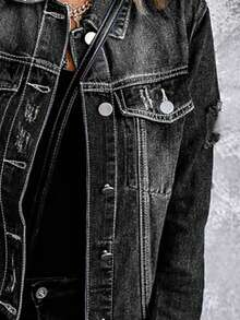 Women's Distressed Washed Denim Jacket, Suitable For Autumn Casual Spring - Dark Grey - View 4