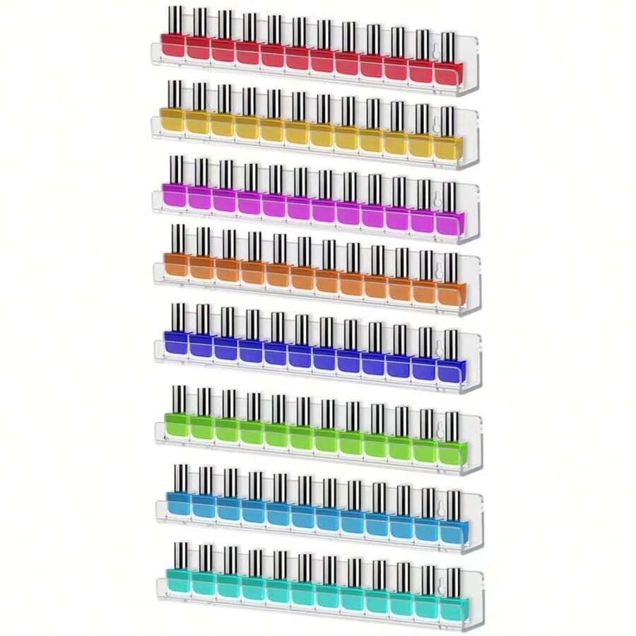 4/6/8pcs Wall-Mounted Nail Polish Rack With Removable Anti-Slip Plugs, Acrylic Nail Polish Storage Organizer Wall Mount Display Holds Up To 96 Bottles