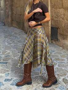 DEEKA Women's Spring/Summer Plaid A-Line Skirt, Fashionable Minimalist European And American Style - Lattice - View 3