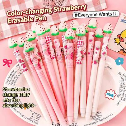 2/6支装卡通草莓变色可擦圆珠笔，多种图案和草莓印花，可爱旋转式草莓变色可擦笔，甜美少女风中性笔，适合学校和日常使用