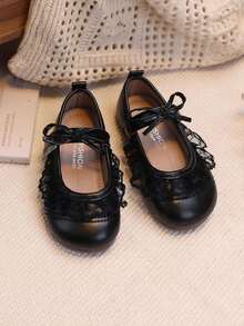 1 par de zapatos de princesa con lazo de encaje para niñas, suela blanda y transpirable para la escuela - Negro - Ver 5