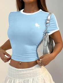Women's Fitted Round Neck Printed Striped Short Sleeve T-Shirt, Contrast Color Pattern Casual Summer - Baby Blue - View 4