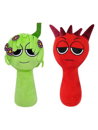 Sprunki Incredibox Plushies 2-Pack - Collectible Cartoon Stuffed Animals: Red Horned Devil & Green Floral Doll, Perfect For Game Lovers, Party Favors, Kids Room Decor & Holiday Gifts