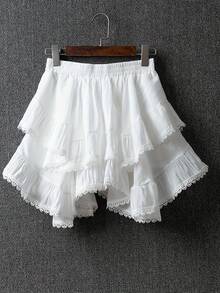 White Asymmetric Skirt 2026 Spring/Summer Style Women's Elastic Waistband Elegant Fashion Lace Trim Tiered Skirt Solid Color Flattering Silhouette Loose Fit Multi-Layered Skirt - 白色 - 查看 1