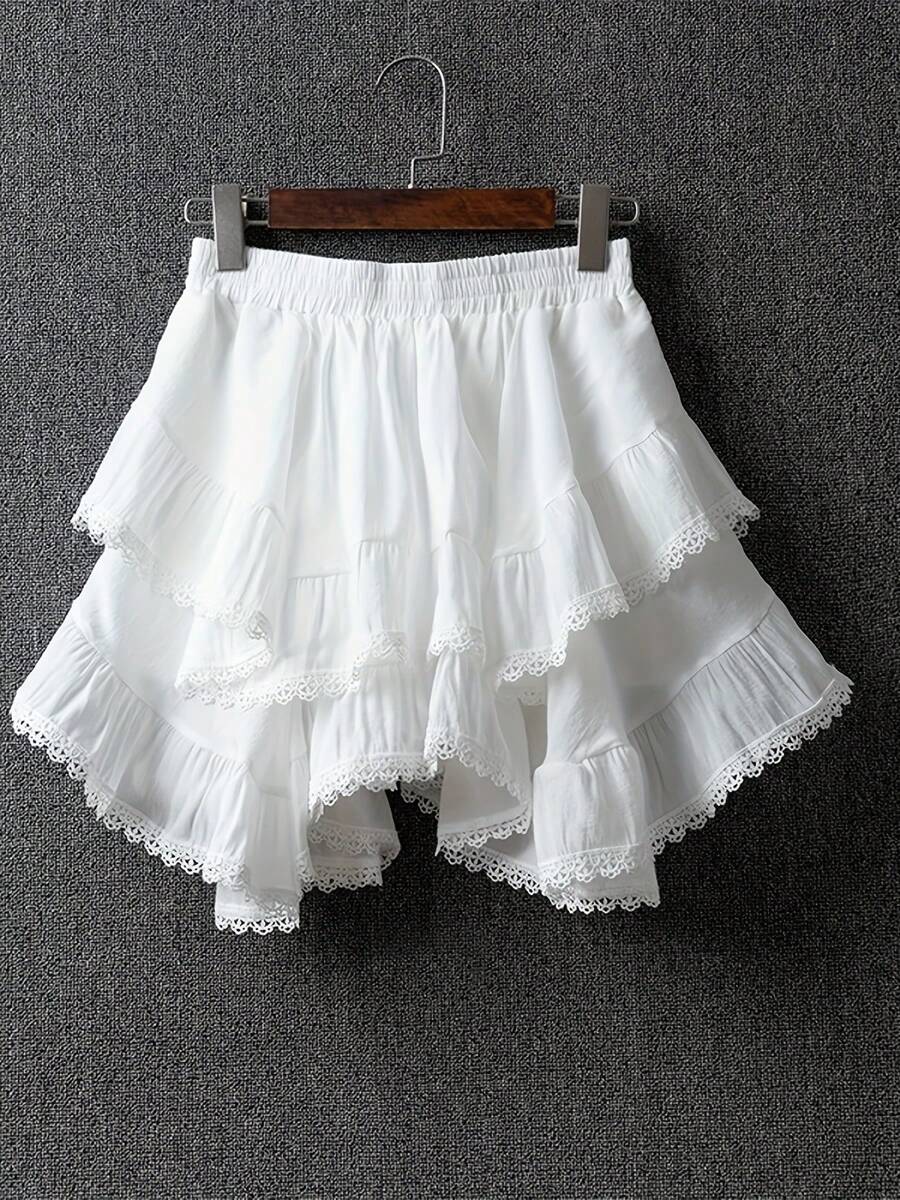 White Asymmetric Skirt 2026 Spring/Summer Style Women's Elastic Waistband Elegant Fashion Lace Trim Tiered Skirt Solid Color Flattering Silhouette Loose Fit Multi-Layered Skirt - 白色 - 查看 1