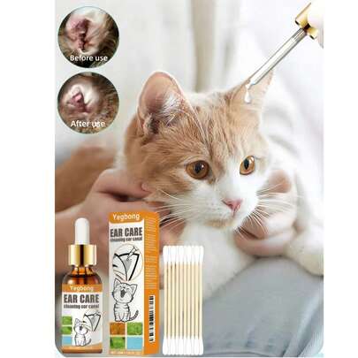 Dung dịch vệ sinh tai cho thú cưng 50ml kèm tăm bông - Loại bỏ ráy tai cho mèo và chó, thuốc nhỏ tai làm sạch ống tai và khử mùi hôi.