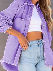 Plus Size Women's Loose Fit Pink Jacket With Raglan Sleeves And Tassel Trim, Suitable For Spring And Autumn Casual - Purple - View 2