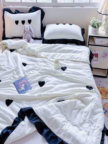 3pcs Heart Embroidery Bedding Set, Quilted Blanket And Pillowcase Coverlet - White - View 6