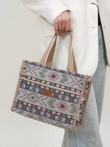 New Thick Knit Jacquard Fabric Handbag, Large Capacity Portable Lunch Box Storage Bag, Bento Bag, Lunch Bag, Suitable For Office Lunch, Outdoor Picnic, Lunch Box Storage, Aluminum Foil Insulation Layer Inside, Zipper Pocket In Front - Beige - View 9