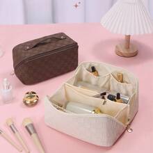 1 pieza Bolsa de maquillaje de viaje de piel sintética (PU), organizador de cosméticos para brochas, polvos, lápices labiales, etc., adecuado para playa, escuela, baño, vacaciones, Día de San Valentín, regalos de Navidad para mamá, familia, amigos, estudiantes, esencial para viajes de otoño - Ver 4