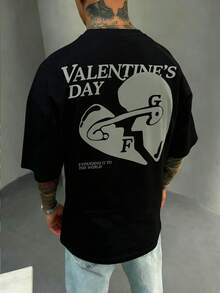 FRACTYR 男士休闲街头风宽松爱心图案圆领短袖T恤，夏季款 - 黑色 - 查看 2