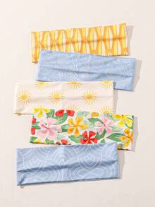 1-5条装 女士时尚春夏向日葵、海星、贝壳印花弹力发带，可作化妆洗脸发带，运动发带 - 彩色 - 查看 1