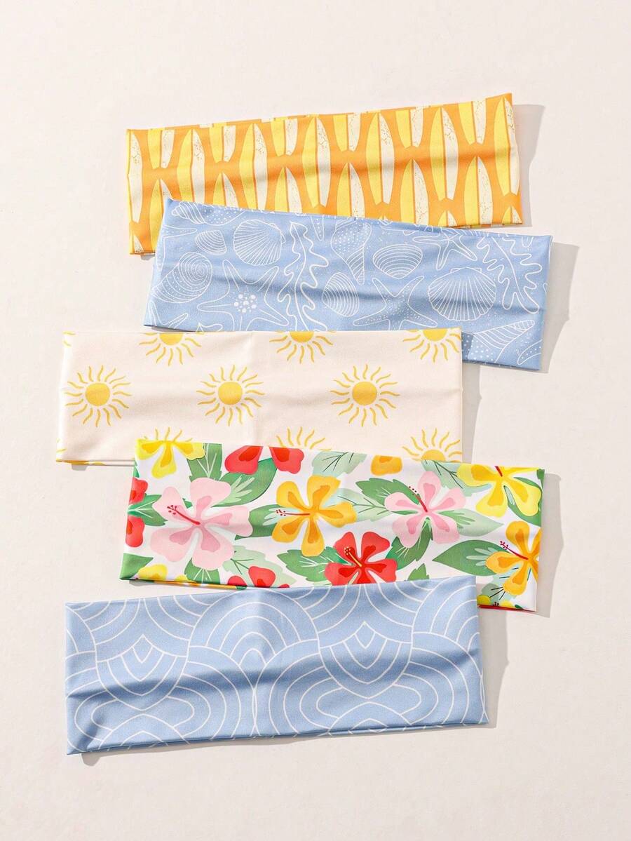 1-5条装 女士时尚春夏向日葵、海星、贝壳印花弹力发带，可作化妆洗脸发带，运动发带 - 彩色 - 查看 1