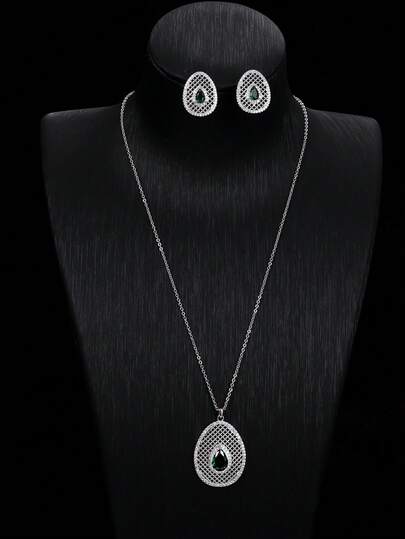 2pcs Set Luxury Vintage Hollow Grid Elegant Water Drop Necklace And Earrings Jewelry Set, Suitable For Women's Daily Wear And Gift
