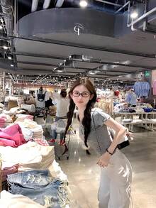 Áo sơ mi cotton tay ngắn cổ tròn khoét lỗ nơ mùa hè cho nữ, trẻ trung - Xám - Xem 8