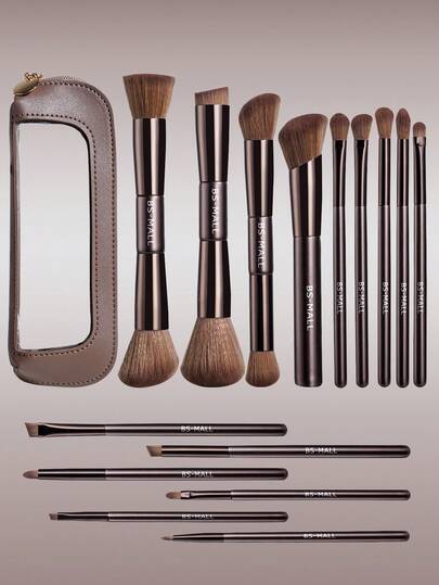  Bộ cọ trang điểm BS-MALL 15 món chính xác, liền mạch, hai đầu màu cà phê, bao gồm cọ nền, cọ má hồng, cọ phấn mắt, cọ highlight, cọ che khuyết điểm, kèm giá đỡ cọ, không gây kích ứng, không rụng lông.